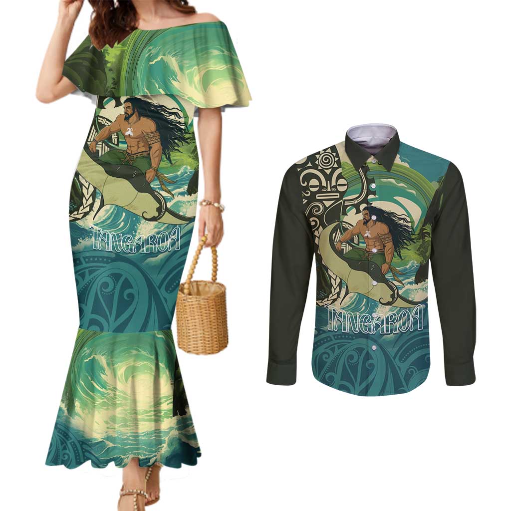 Aotearoa Tangaroa Atua Couples Matching Mermaid Dress and Long Sleeve Button Shirt New Zealand God Of The Ocean