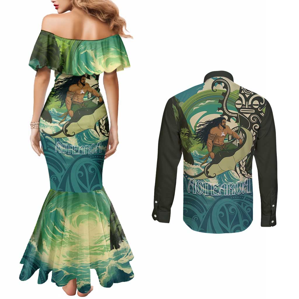 Aotearoa Tangaroa Atua Couples Matching Mermaid Dress and Long Sleeve Button Shirt New Zealand God Of The Ocean