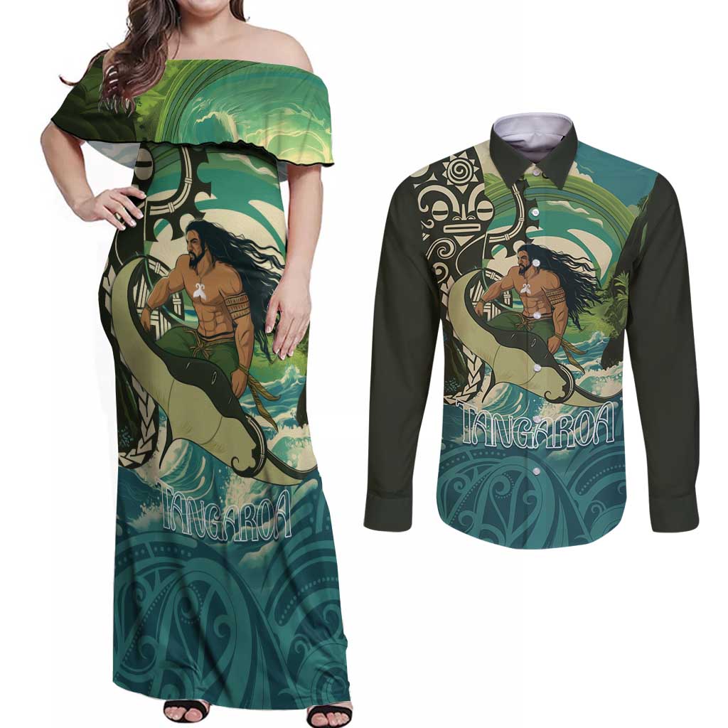 Aotearoa Tangaroa Atua Couples Matching Off Shoulder Maxi Dress and Long Sleeve Button Shirt New Zealand God Of The Ocean