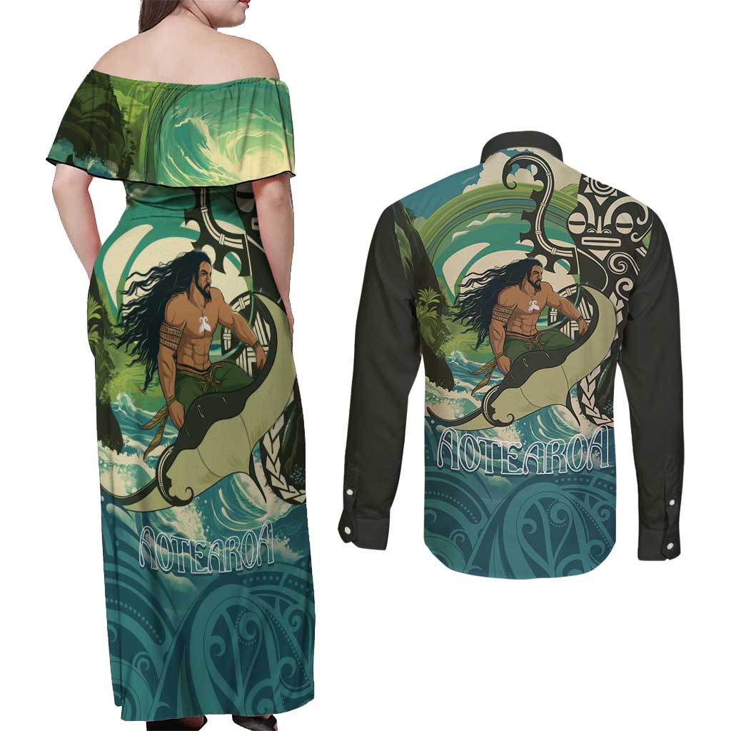 Aotearoa Tangaroa Atua Couples Matching Off Shoulder Maxi Dress and Long Sleeve Button Shirt New Zealand God Of The Ocean