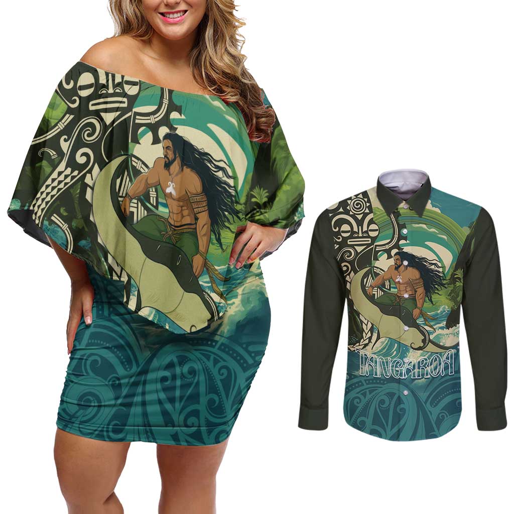 Aotearoa Tangaroa Atua Couples Matching Off Shoulder Short Dress and Long Sleeve Button Shirt New Zealand God Of The Ocean