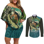 Aotearoa Tangaroa Atua Couples Matching Off Shoulder Short Dress and Long Sleeve Button Shirt New Zealand God Of The Ocean