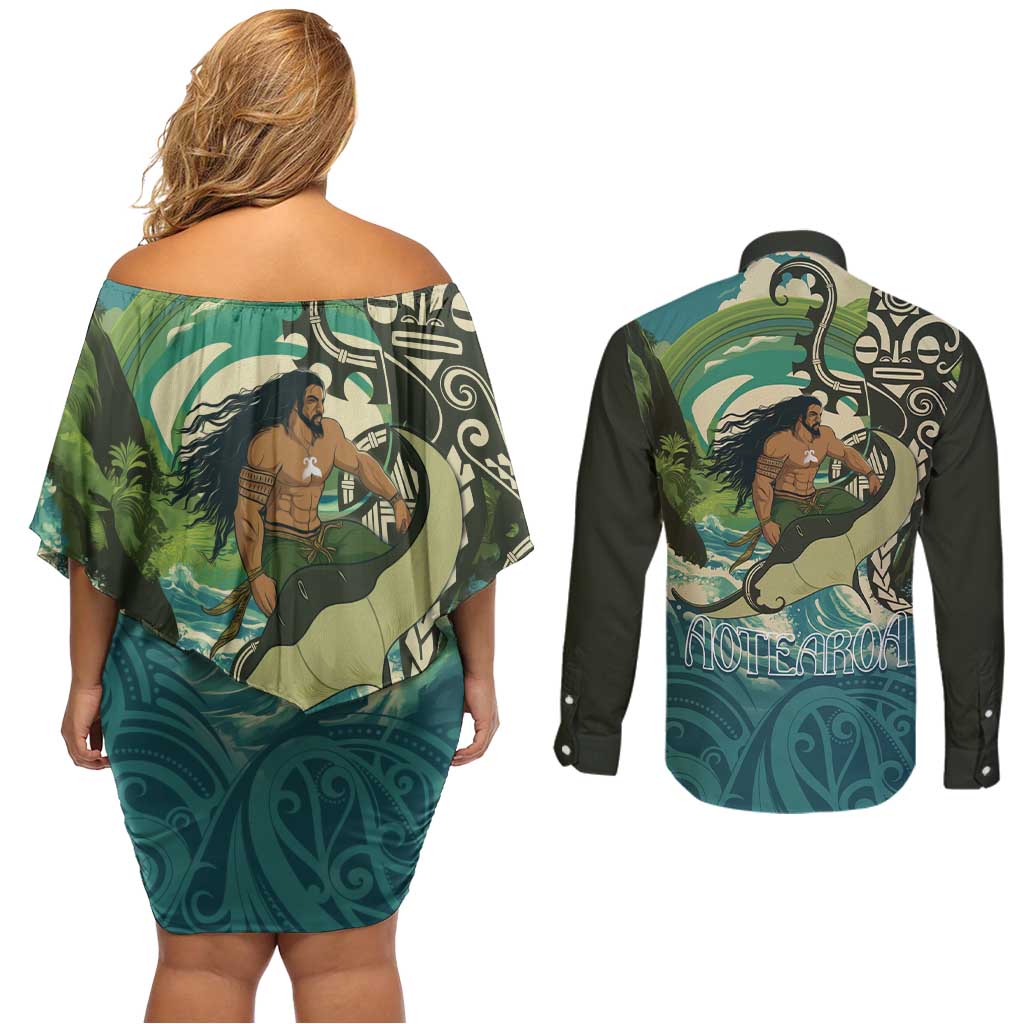Aotearoa Tangaroa Atua Couples Matching Off Shoulder Short Dress and Long Sleeve Button Shirt New Zealand God Of The Ocean