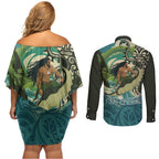 Aotearoa Tangaroa Atua Couples Matching Off Shoulder Short Dress and Long Sleeve Button Shirt New Zealand God Of The Ocean