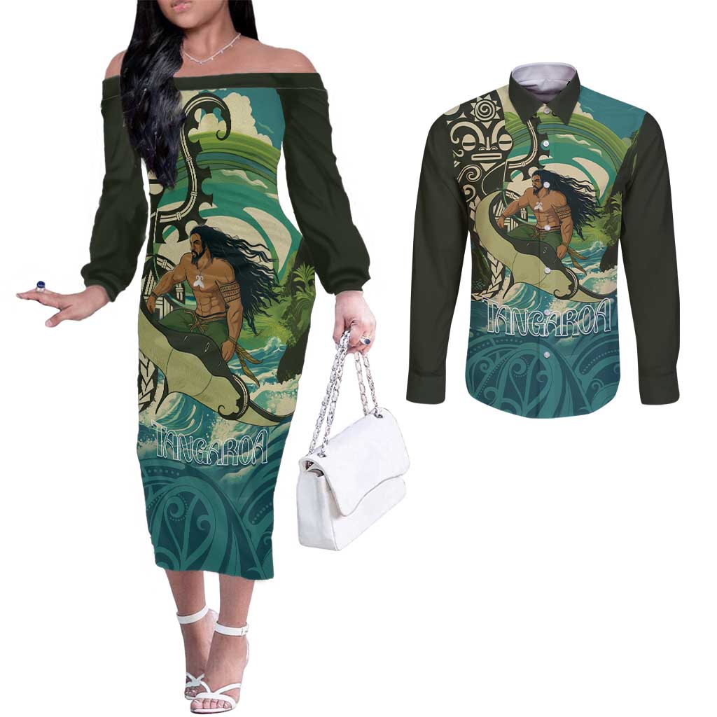 Aotearoa Tangaroa Atua Couples Matching Off The Shoulder Long Sleeve Dress and Long Sleeve Button Shirt New Zealand God Of The Ocean