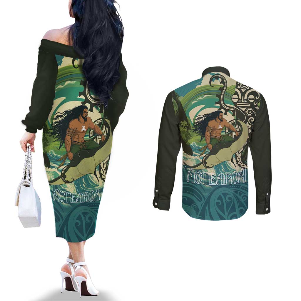 Aotearoa Tangaroa Atua Couples Matching Off The Shoulder Long Sleeve Dress and Long Sleeve Button Shirt New Zealand God Of The Ocean