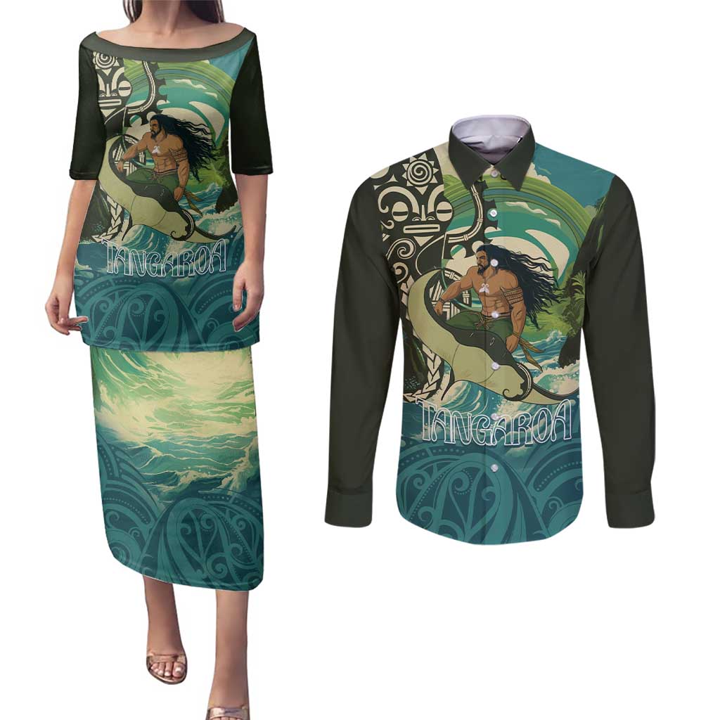 Aotearoa Tangaroa Atua Couples Matching Puletasi and Long Sleeve Button Shirt New Zealand God Of The Ocean