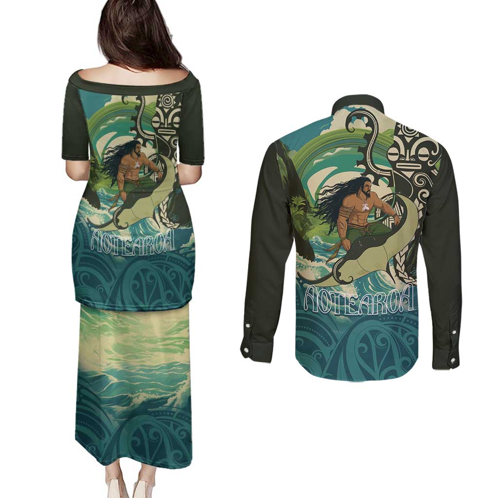 Aotearoa Tangaroa Atua Couples Matching Puletasi and Long Sleeve Button Shirt New Zealand God Of The Ocean
