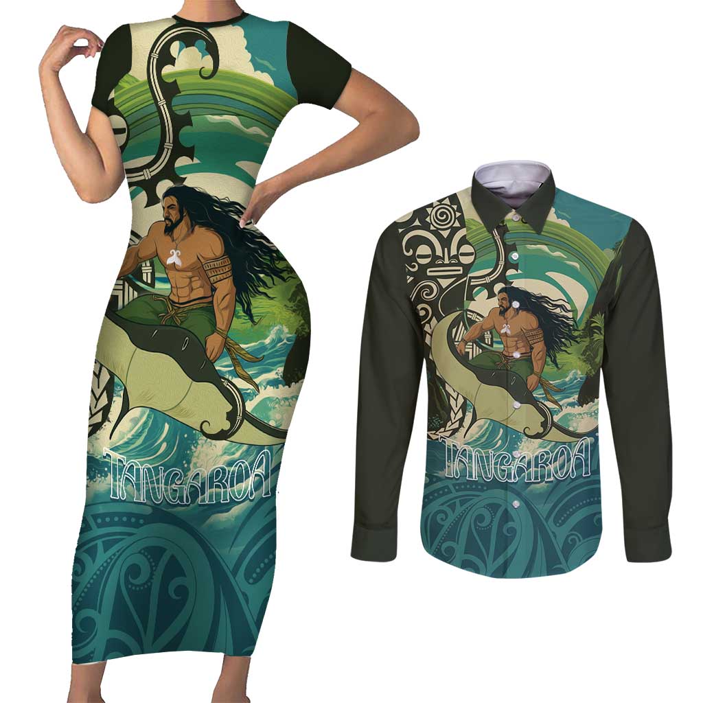 Aotearoa Tangaroa Atua Couples Matching Short Sleeve Bodycon Dress and Long Sleeve Button Shirt New Zealand God Of The Ocean