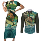 Aotearoa Tangaroa Atua Couples Matching Short Sleeve Bodycon Dress and Long Sleeve Button Shirt New Zealand God Of The Ocean
