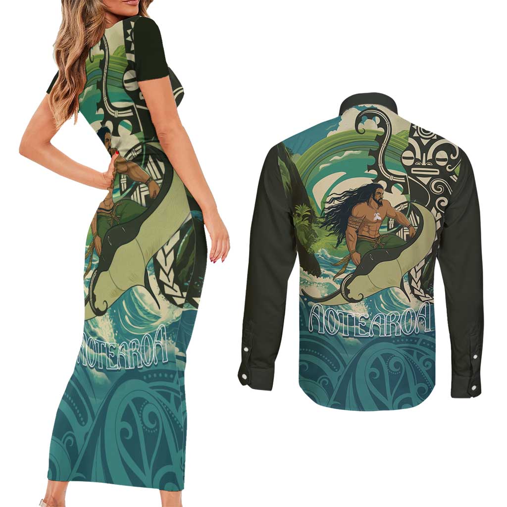 Aotearoa Tangaroa Atua Couples Matching Short Sleeve Bodycon Dress and Long Sleeve Button Shirt New Zealand God Of The Ocean