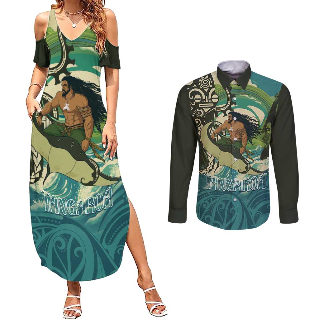 Aotearoa Tangaroa Atua Couples Matching Summer Maxi Dress and Long Sleeve Button Shirt New Zealand God Of The Ocean
