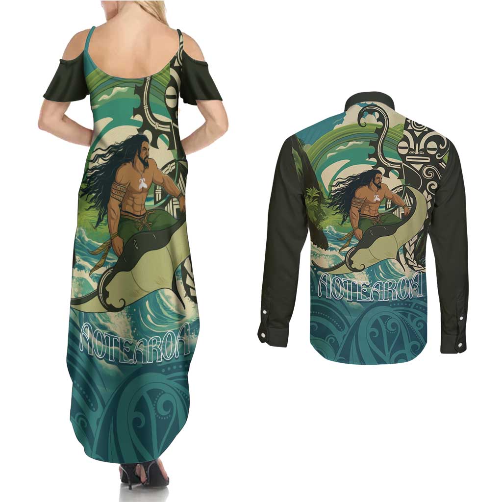 Aotearoa Tangaroa Atua Couples Matching Summer Maxi Dress and Long Sleeve Button Shirt New Zealand God Of The Ocean