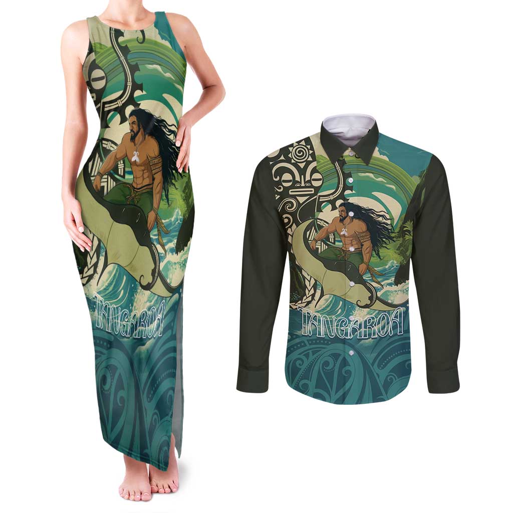 Aotearoa Tangaroa Atua Couples Matching Tank Maxi Dress and Long Sleeve Button Shirt New Zealand God Of The Ocean