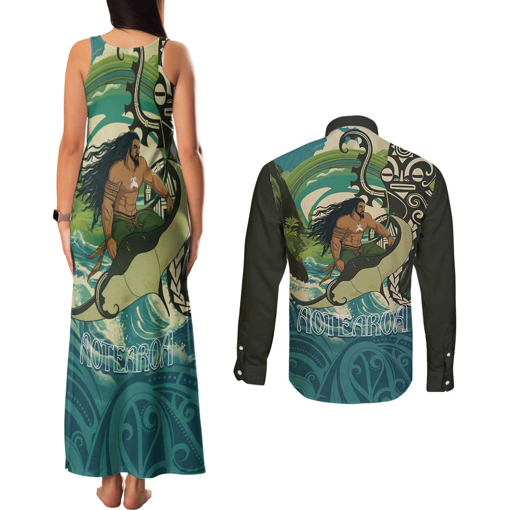 Aotearoa Tangaroa Atua Couples Matching Tank Maxi Dress and Long Sleeve Button Shirt New Zealand God Of The Ocean