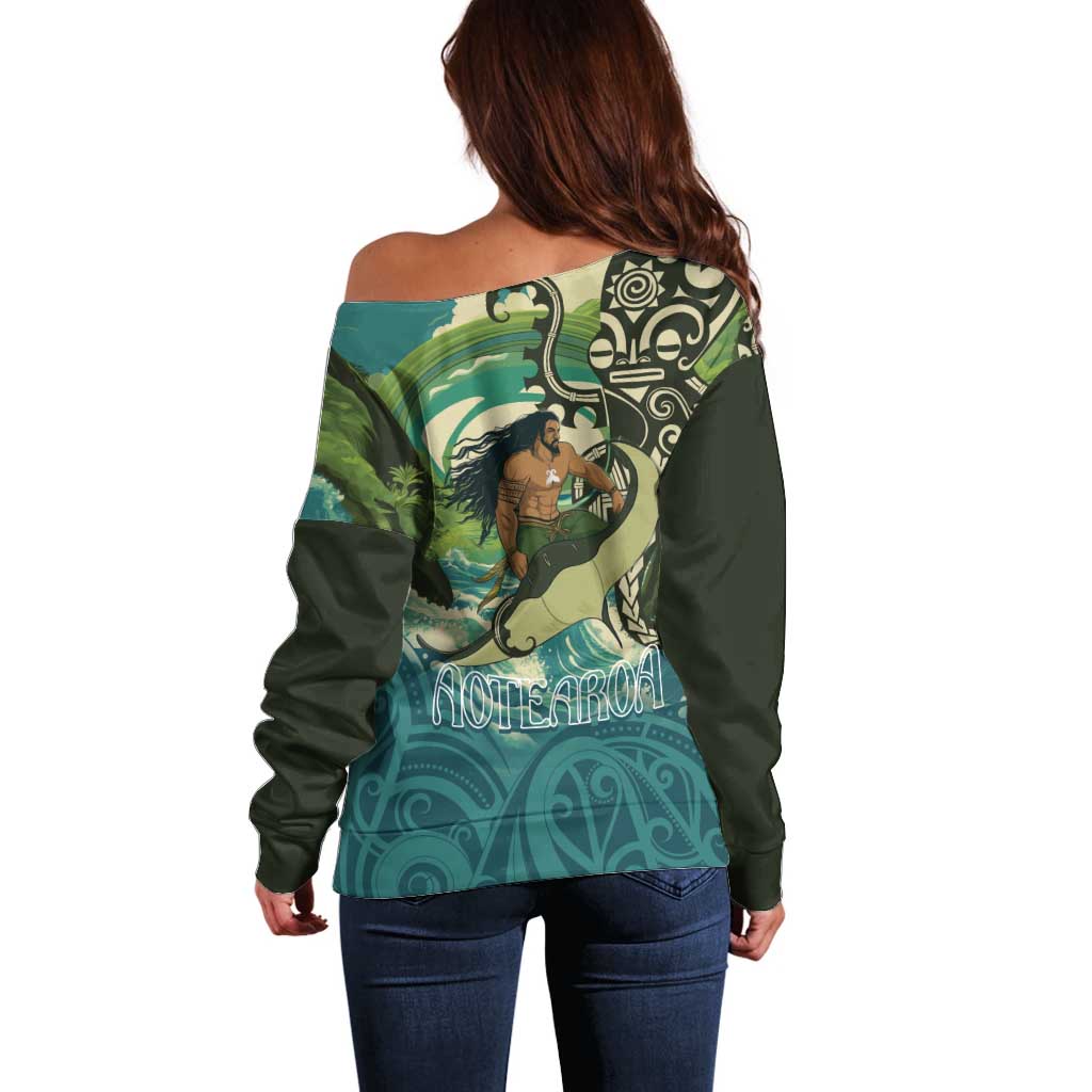 Aotearoa Tangaroa Atua Off Shoulder Sweater New Zealand God Of The Ocean