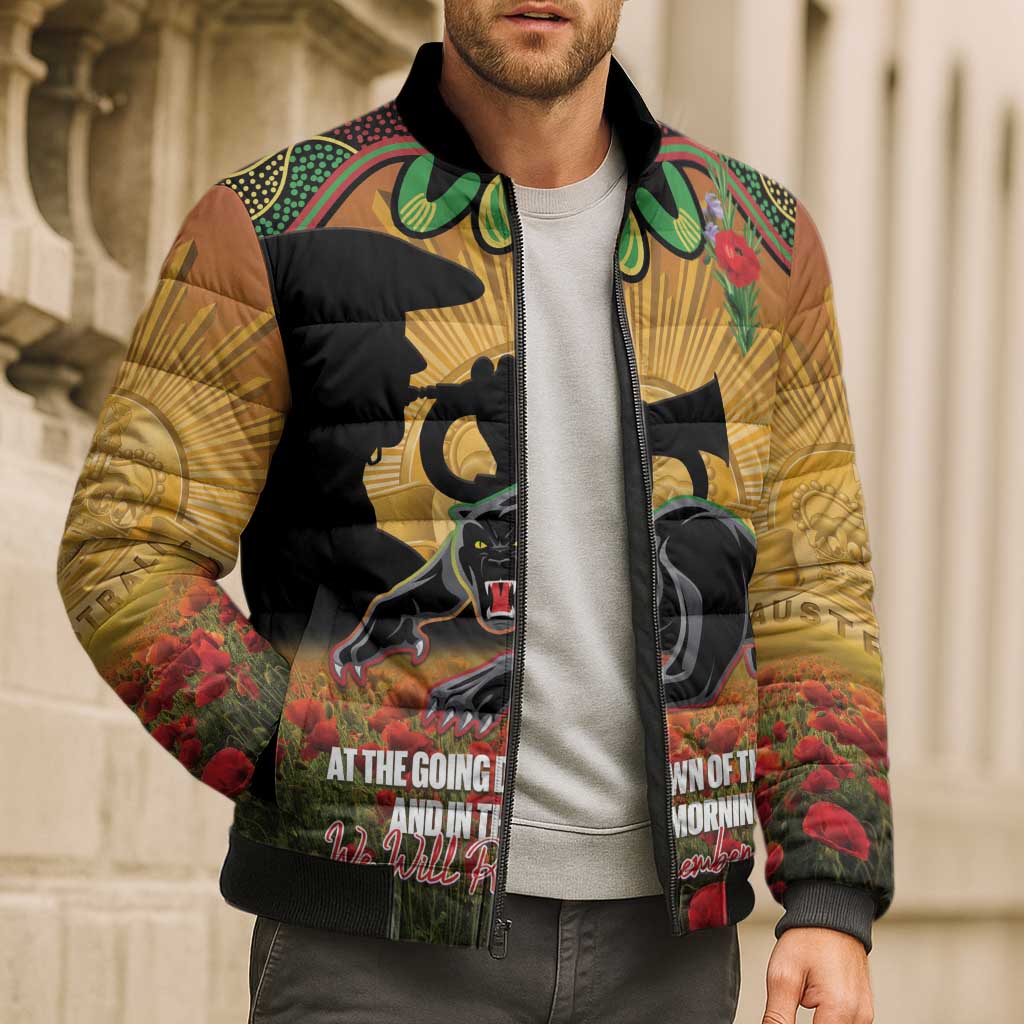 Personalised Panthers Rugby ANZAC Day Bomber Puffer Jacket Last Post Poppy We Will Remember Them