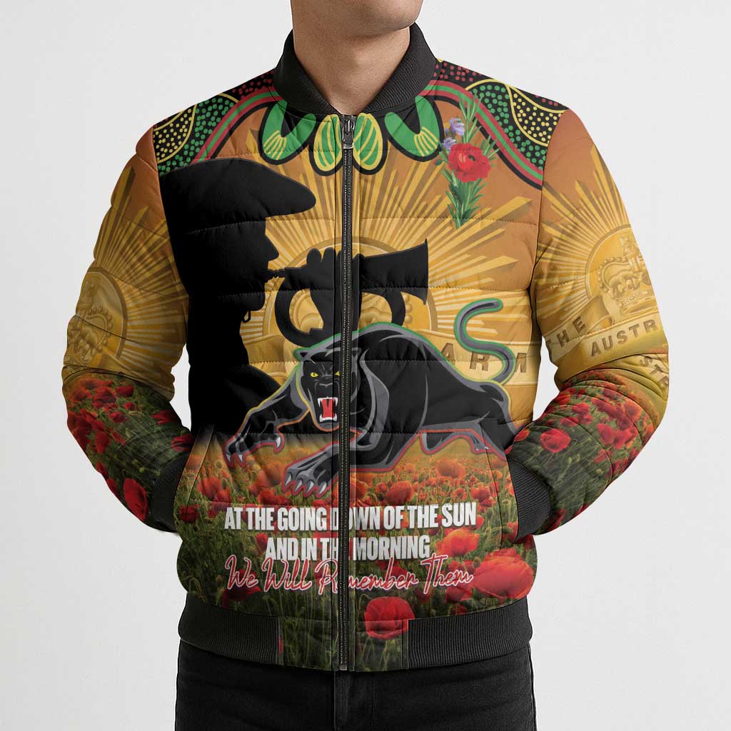Personalised Panthers Rugby ANZAC Day Bomber Puffer Jacket Last Post Poppy We Will Remember Them