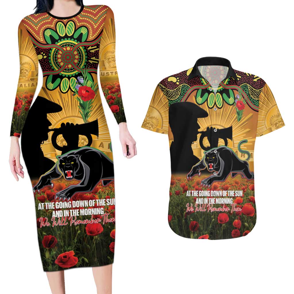 Personalised Panthers Rugby ANZAC Day Couples Matching Long Sleeve Bodycon Dress and Hawaiian Shirt Last Post Poppy We Will Remember Them