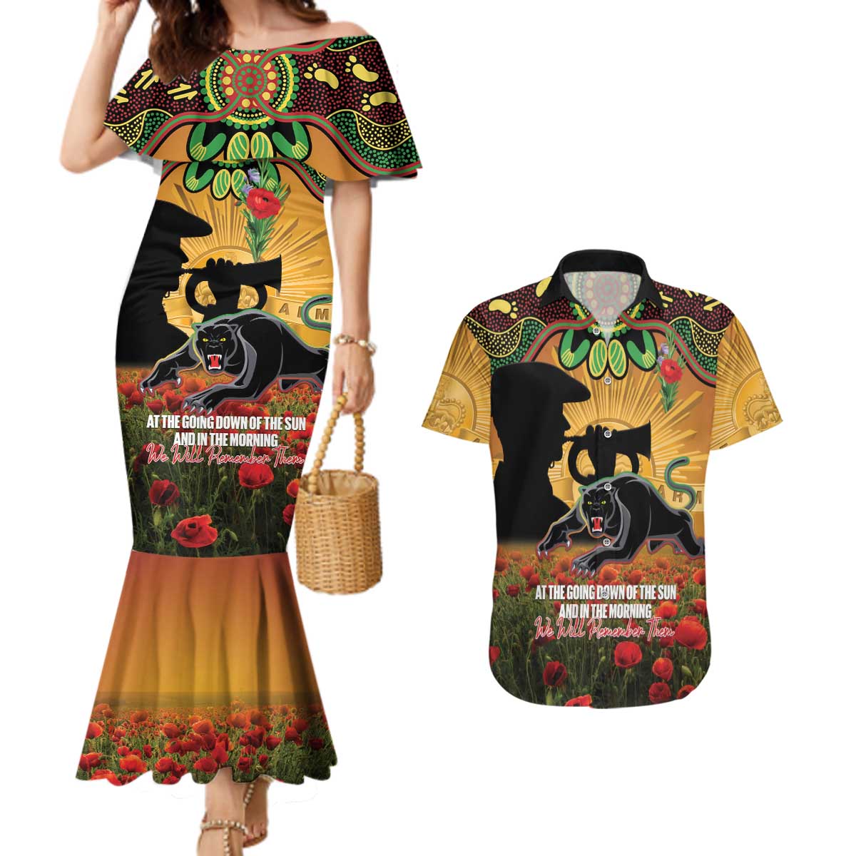 Personalised Panthers Rugby ANZAC Day Couples Matching Mermaid Dress and Hawaiian Shirt Last Post Poppy We Will Remember Them