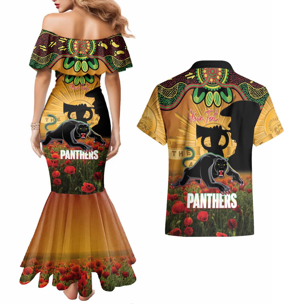 Personalised Panthers Rugby ANZAC Day Couples Matching Mermaid Dress and Hawaiian Shirt Last Post Poppy We Will Remember Them