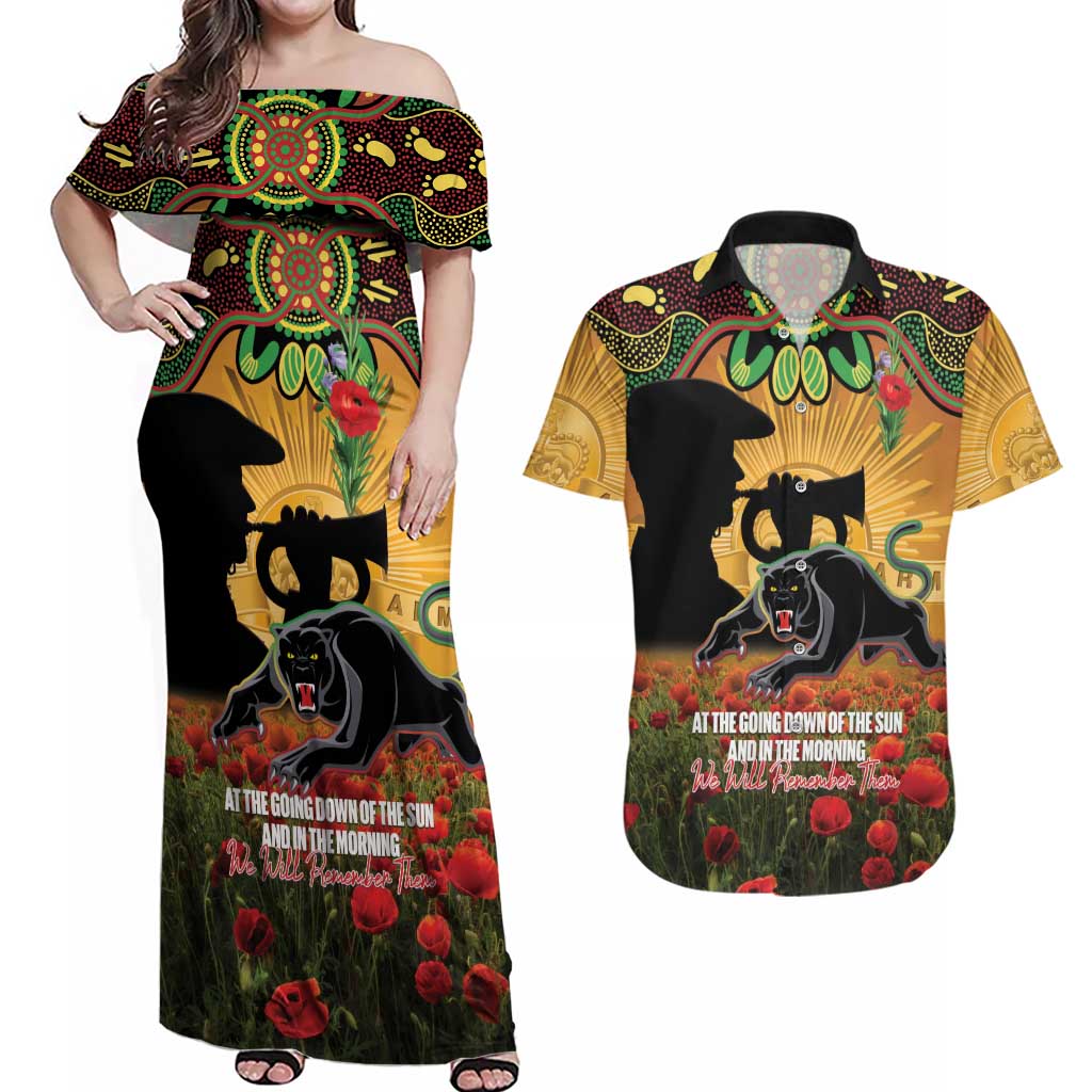 Personalised Panthers Rugby ANZAC Day Couples Matching Off Shoulder Maxi Dress and Hawaiian Shirt Last Post Poppy We Will Remember Them