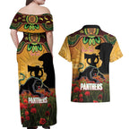 Personalised Panthers Rugby ANZAC Day Couples Matching Off Shoulder Maxi Dress and Hawaiian Shirt Last Post Poppy We Will Remember Them
