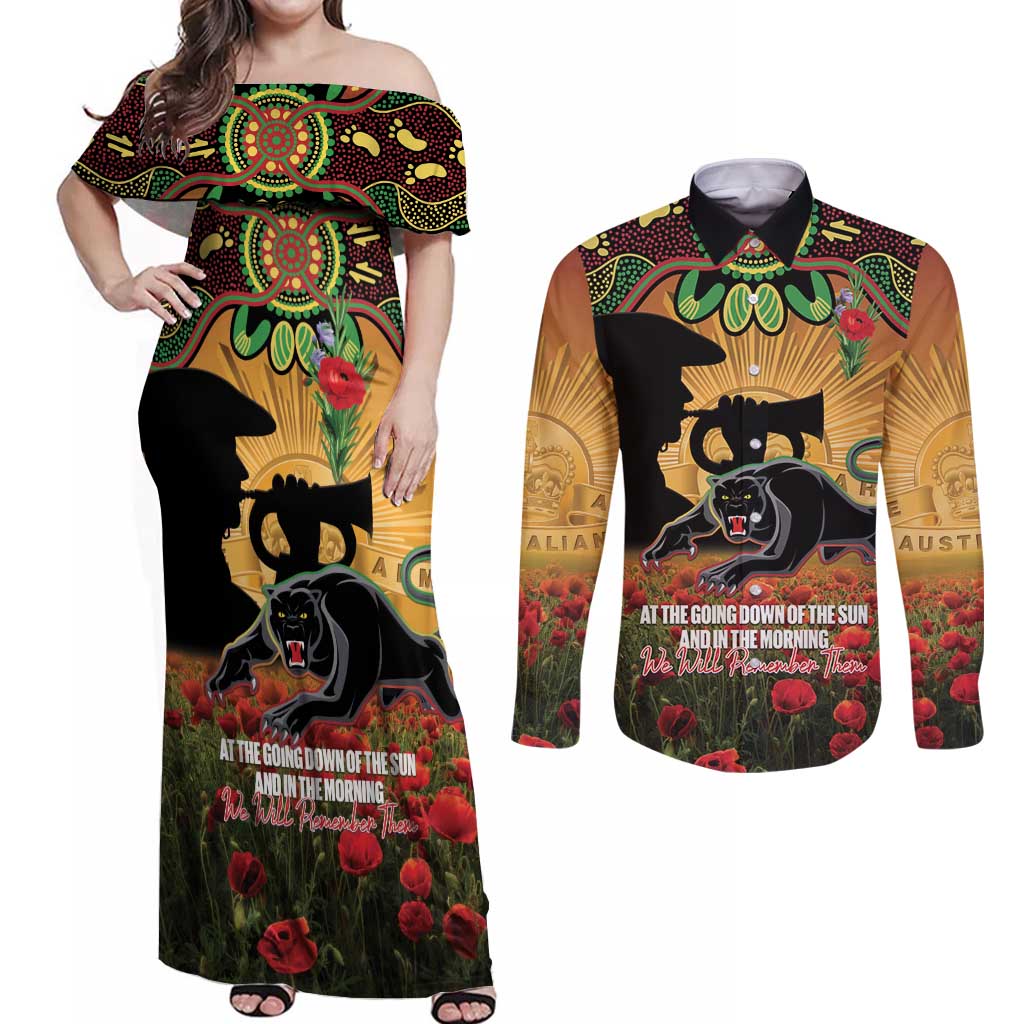 Personalised Panthers Rugby ANZAC Day Couples Matching Off Shoulder Maxi Dress and Long Sleeve Button Shirt Last Post Poppy We Will Remember Them