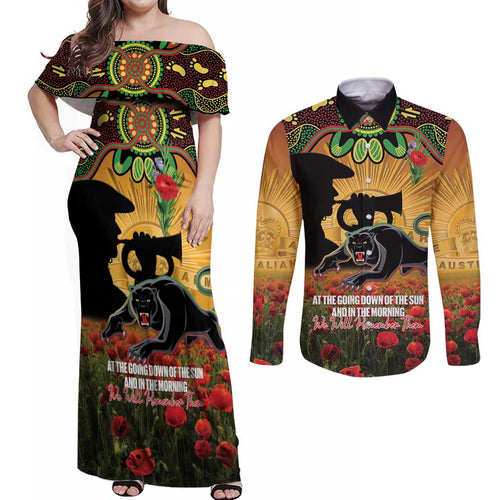 Personalised Panthers Rugby ANZAC Day Couples Matching Off Shoulder Maxi Dress and Long Sleeve Button Shirt Last Post Poppy We Will Remember Them