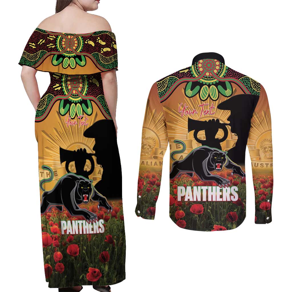 Personalised Panthers Rugby ANZAC Day Couples Matching Off Shoulder Maxi Dress and Long Sleeve Button Shirt Last Post Poppy We Will Remember Them