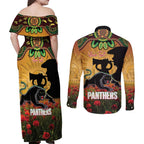 Personalised Panthers Rugby ANZAC Day Couples Matching Off Shoulder Maxi Dress and Long Sleeve Button Shirt Last Post Poppy We Will Remember Them