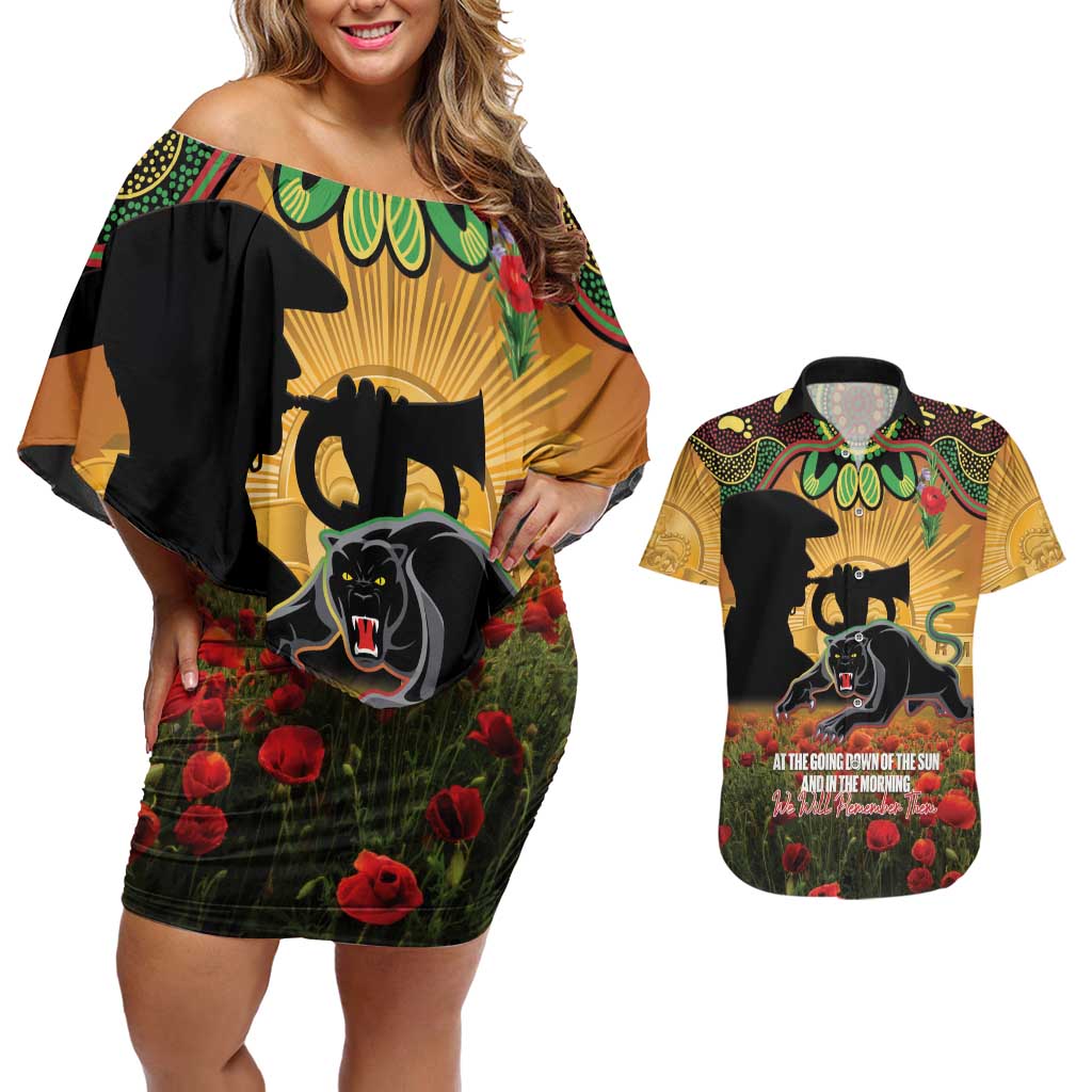 Personalised Panthers Rugby ANZAC Day Couples Matching Off Shoulder Short Dress and Hawaiian Shirt Last Post Poppy We Will Remember Them