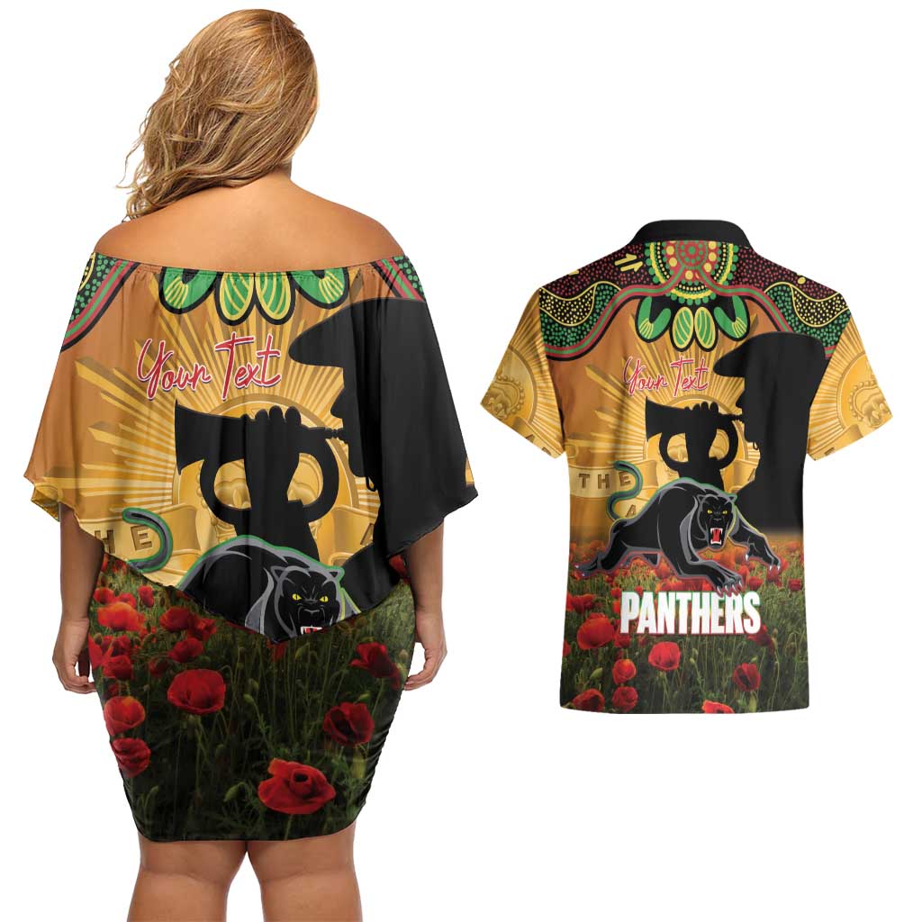 Personalised Panthers Rugby ANZAC Day Couples Matching Off Shoulder Short Dress and Hawaiian Shirt Last Post Poppy We Will Remember Them