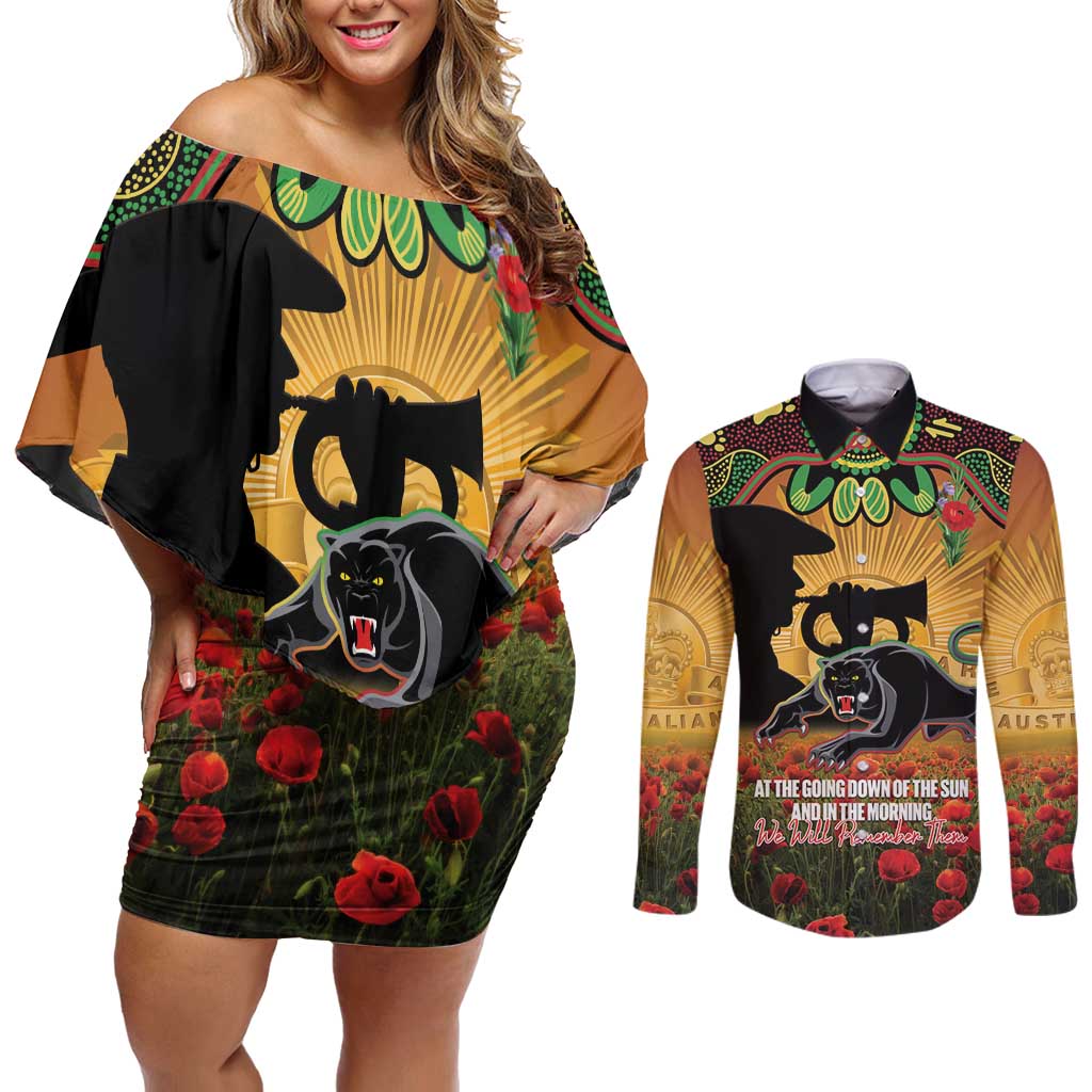 Personalised Panthers Rugby ANZAC Day Couples Matching Off Shoulder Short Dress and Long Sleeve Button Shirt Last Post Poppy We Will Remember Them