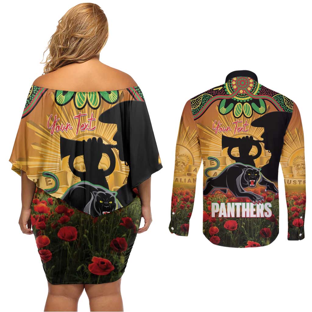 Personalised Panthers Rugby ANZAC Day Couples Matching Off Shoulder Short Dress and Long Sleeve Button Shirt Last Post Poppy We Will Remember Them