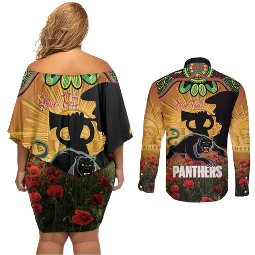 Personalised Panthers Rugby ANZAC Day Couples Matching Off Shoulder Short Dress and Long Sleeve Button Shirt Last Post Poppy We Will Remember Them