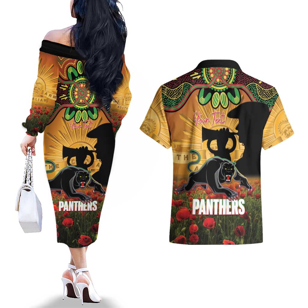 Personalised Panthers Rugby ANZAC Day Couples Matching Off The Shoulder Long Sleeve Dress and Hawaiian Shirt Last Post Poppy We Will Remember Them