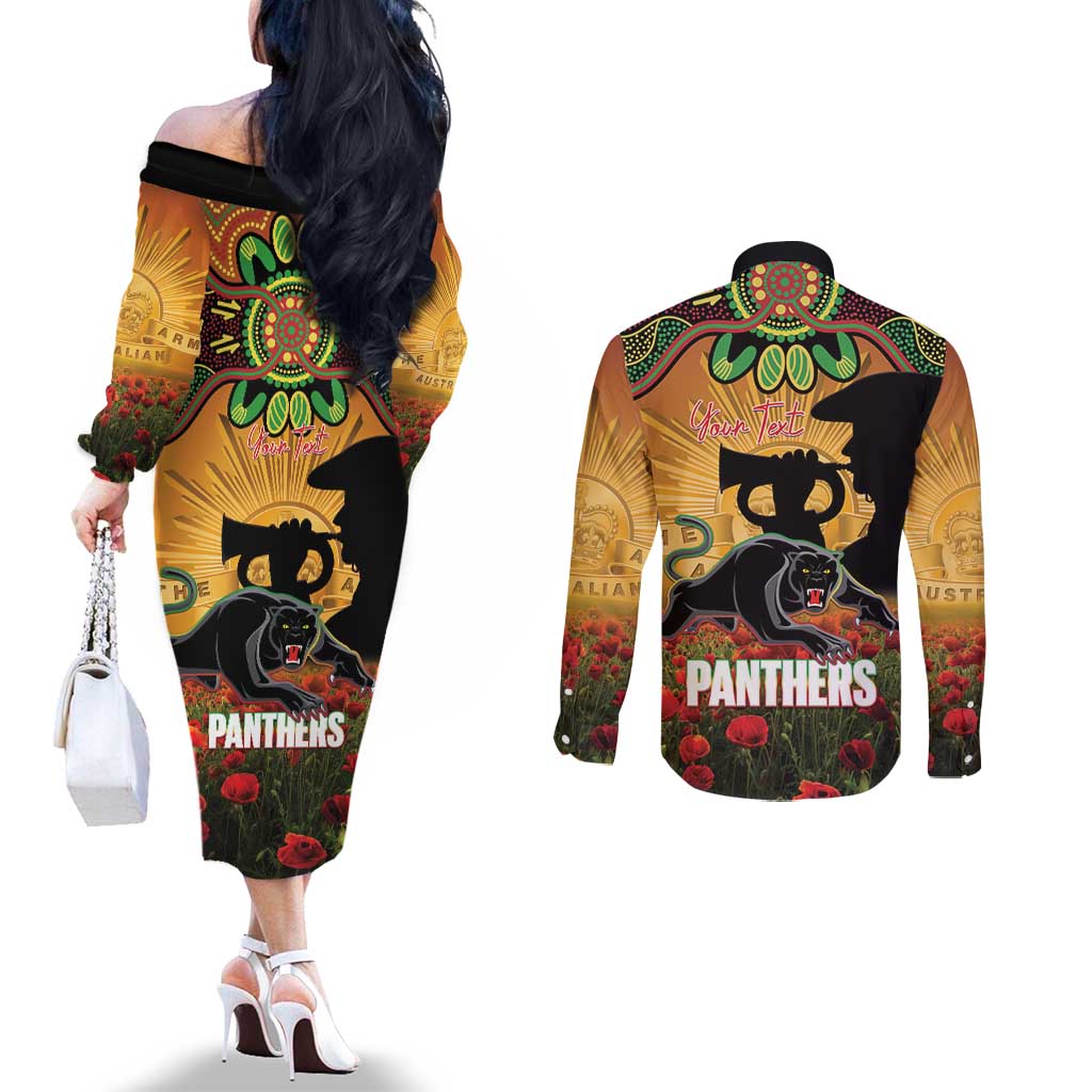 Personalised Panthers Rugby ANZAC Day Couples Matching Off The Shoulder Long Sleeve Dress and Long Sleeve Button Shirt Last Post Poppy We Will Remember Them