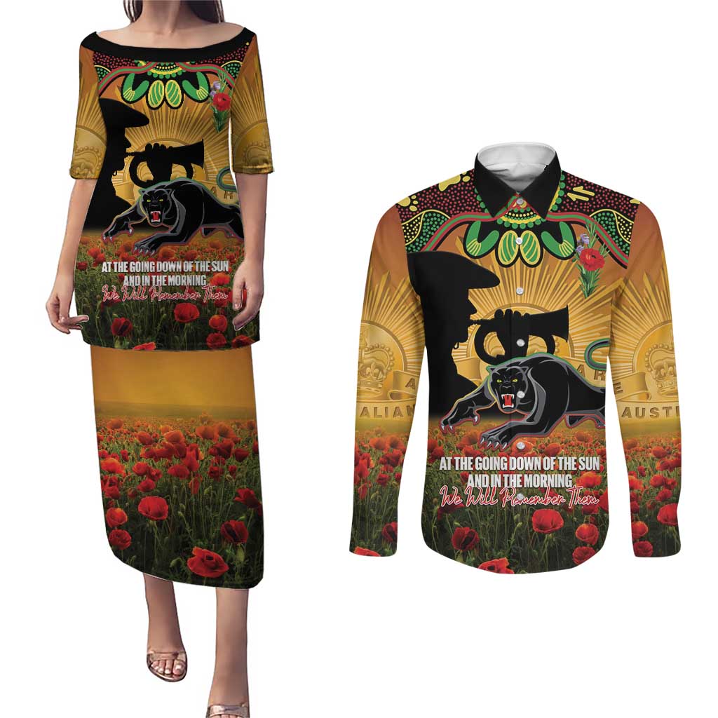 Personalised Panthers Rugby ANZAC Day Couples Matching Puletasi and Long Sleeve Button Shirt Last Post Poppy We Will Remember Them