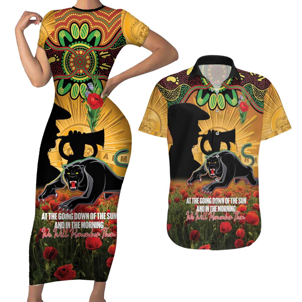 Personalised Panthers Rugby ANZAC Day Couples Matching Short Sleeve Bodycon Dress and Hawaiian Shirt Last Post Poppy We Will Remember Them