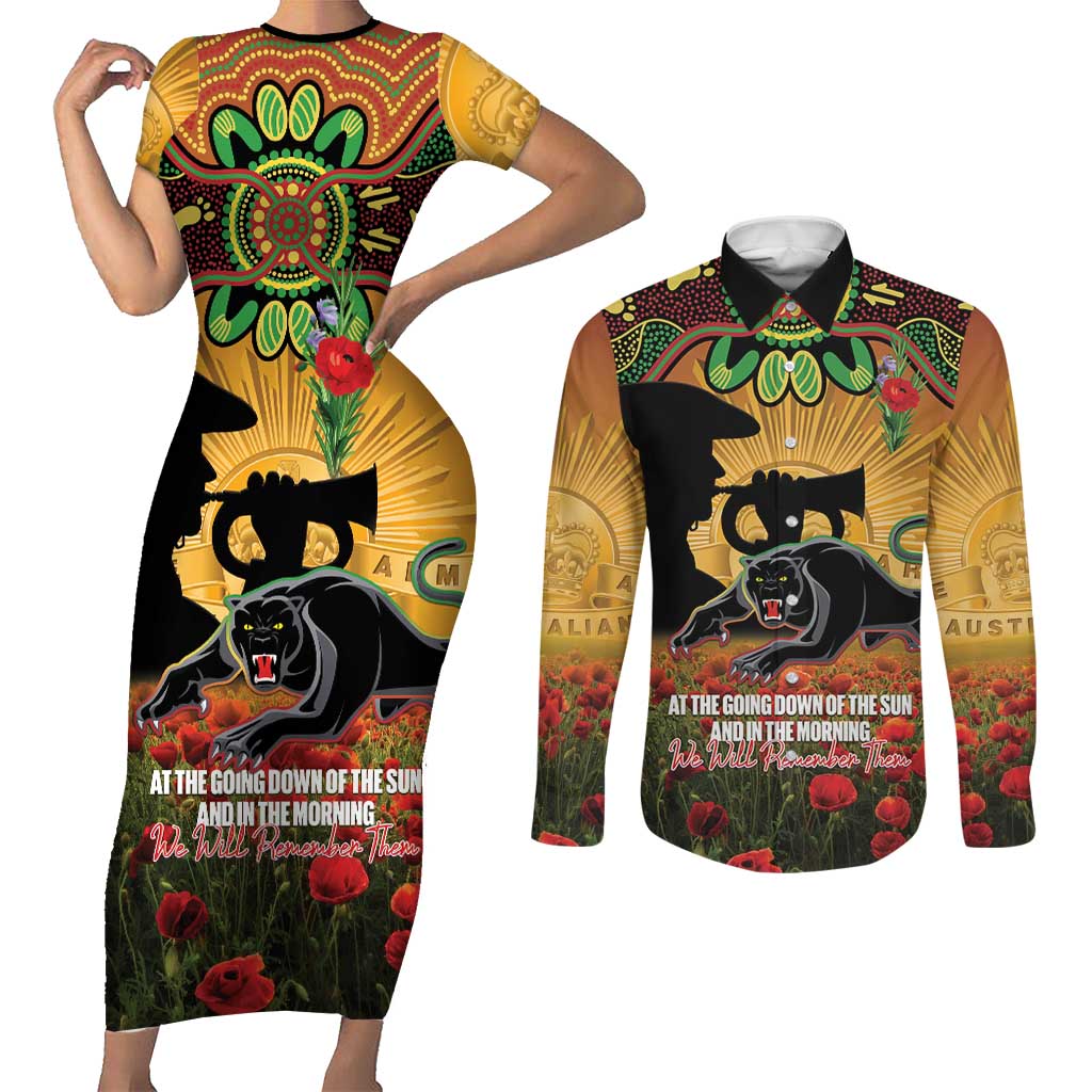Personalised Panthers Rugby ANZAC Day Couples Matching Short Sleeve Bodycon Dress and Long Sleeve Button Shirt Last Post Poppy We Will Remember Them