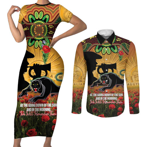 Personalised Panthers Rugby ANZAC Day Couples Matching Short Sleeve Bodycon Dress and Long Sleeve Button Shirt Last Post Poppy We Will Remember Them