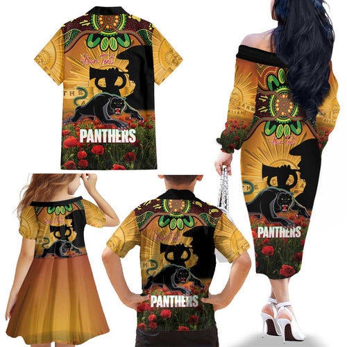 Personalised Panthers Rugby ANZAC Day Family Matching Off The Shoulder Long Sleeve Dress and Hawaiian Shirt Last Post Poppy We Will Remember Them
