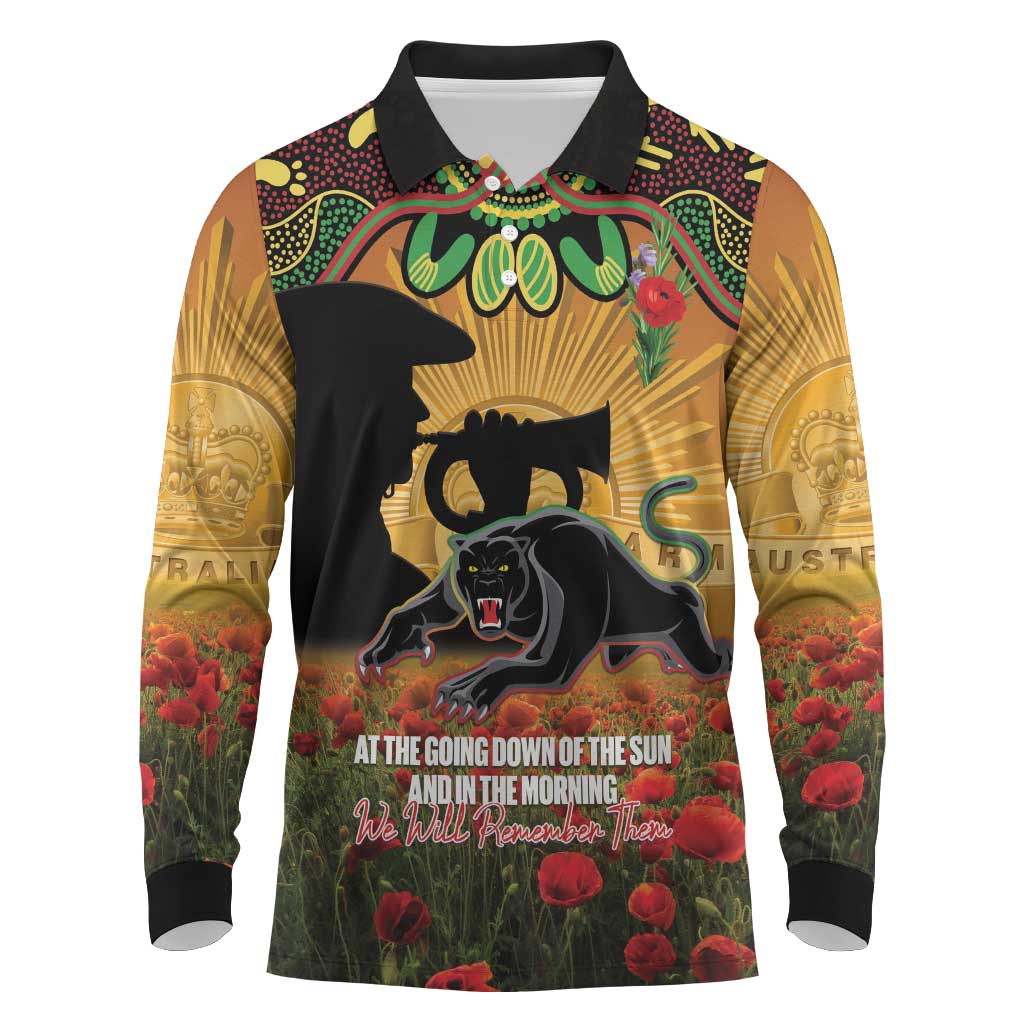 Personalised Panthers Rugby ANZAC Day Long Sleeve Polo Shirt Last Post Poppy We Will Remember Them