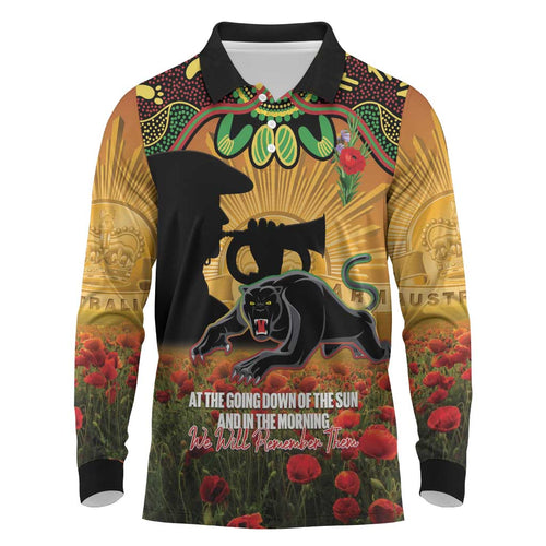 Personalised Panthers Rugby ANZAC Day Long Sleeve Polo Shirt Last Post Poppy We Will Remember Them