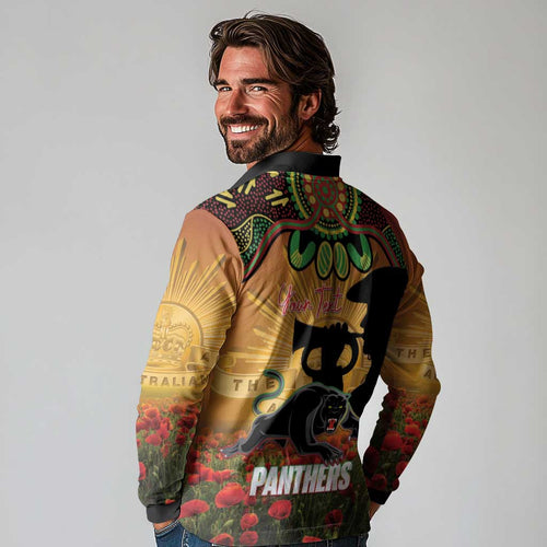 Personalised Panthers Rugby ANZAC Day Long Sleeve Polo Shirt Last Post Poppy We Will Remember Them