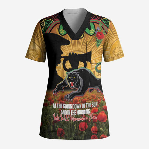 Personalised Panthers Rugby ANZAC Day Scrub Top Last Post Poppy We Will Remember Them