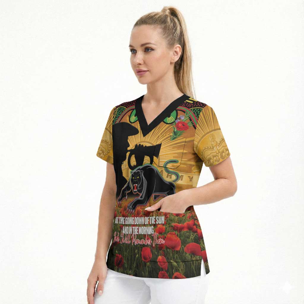 Personalised Panthers Rugby ANZAC Day Scrub Top Last Post Poppy We Will Remember Them