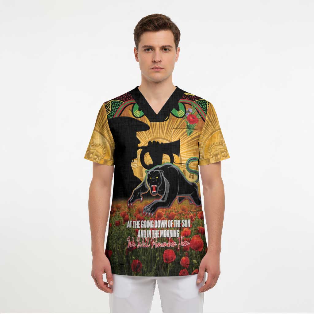 Personalised Panthers Rugby ANZAC Day Scrub Top Last Post Poppy We Will Remember Them