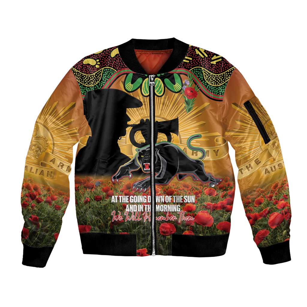 Personalised Panthers Rugby ANZAC Day Sleeve Zip Bomber Jacket Last Post Poppy We Will Remember Them